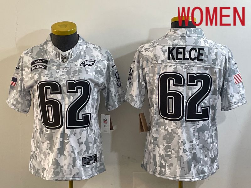 Women Philadelphia Eagles 62 Kelce Nike Arctic Camo 2024 Salute to Service Limited NFL Jersey style 1